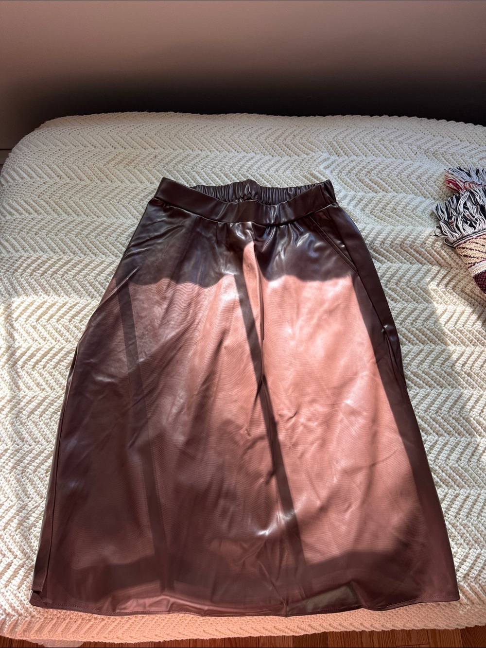 BloomChic Faux Leather Midi Skirt in Chocolate Brown
